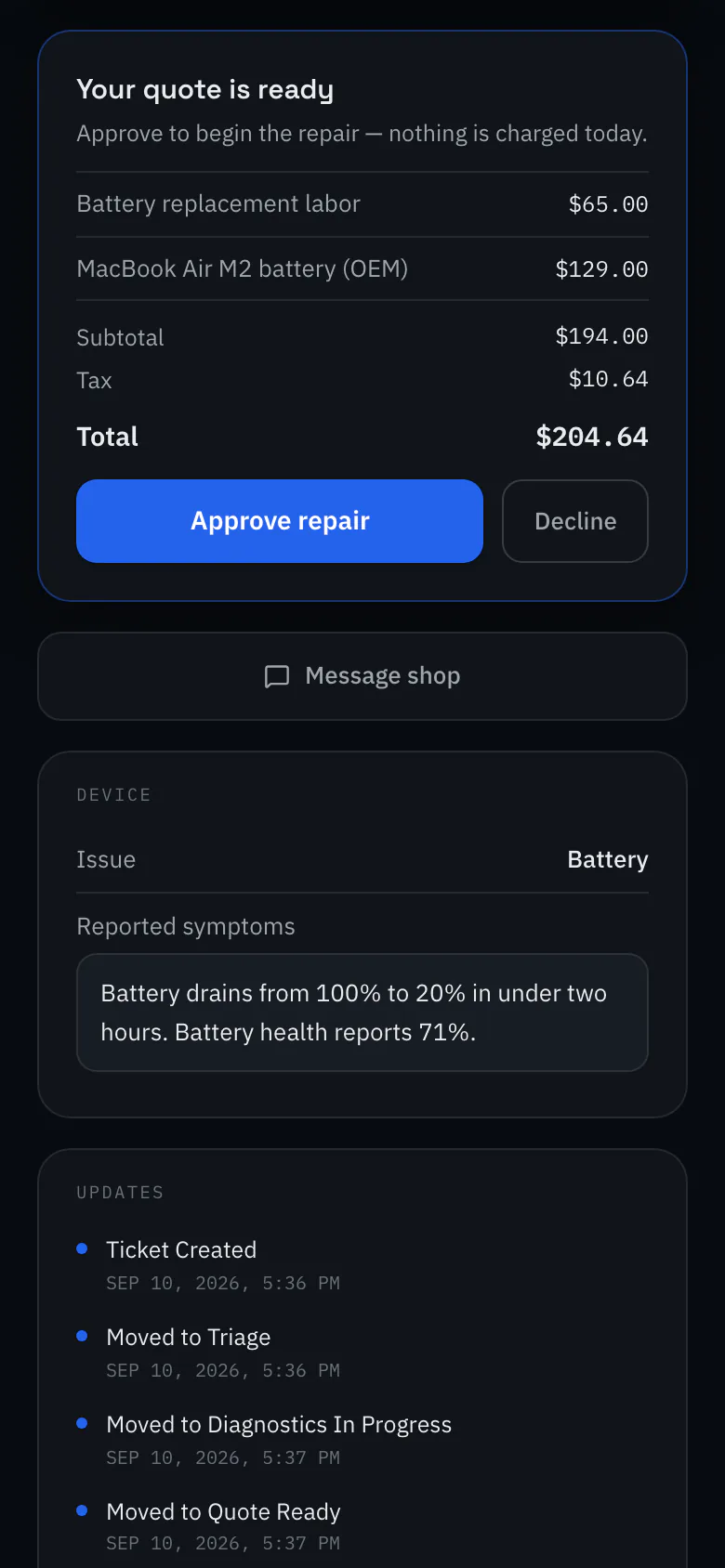 RepairOps customer portal on a phone with a quote ready to approve: labor and part lines, tax, the total, and Approve repair and Decline buttons.