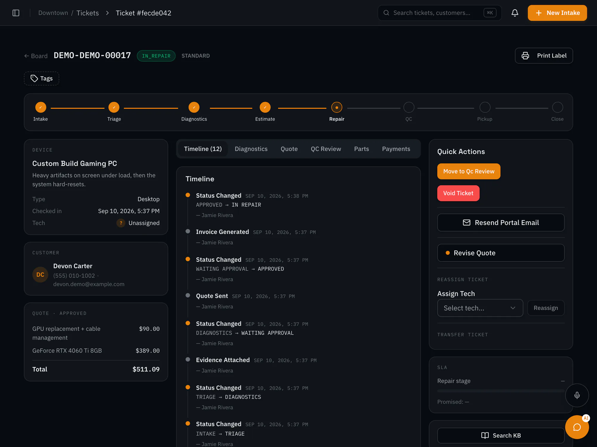 RepairOps ticket for a custom gaming PC in repair: stage bar from intake to close, device and customer details, the approved quote, quick actions, and a timeline of status changes.