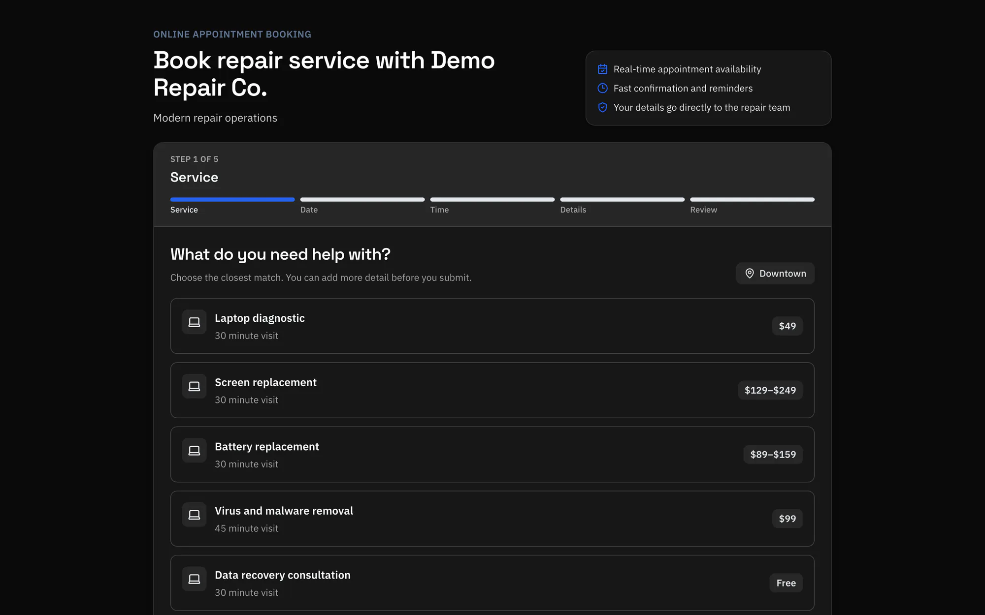 RepairOps public booking page where a customer picks a repair service, with visit length and price, before choosing a date and time.