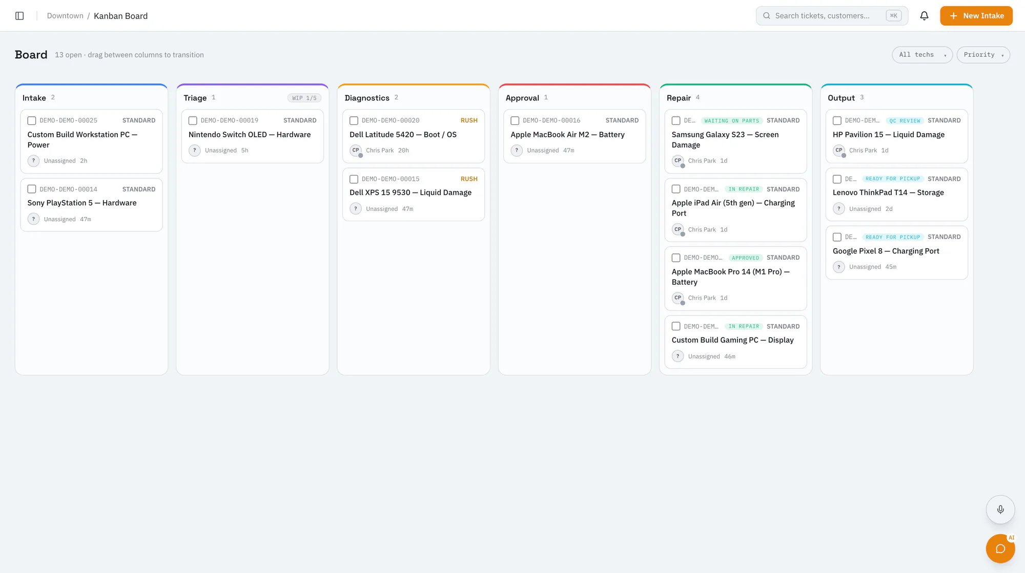 RepairOps Kanban board with repair tickets in intake, triage, diagnostics, approval, repair, and output columns.