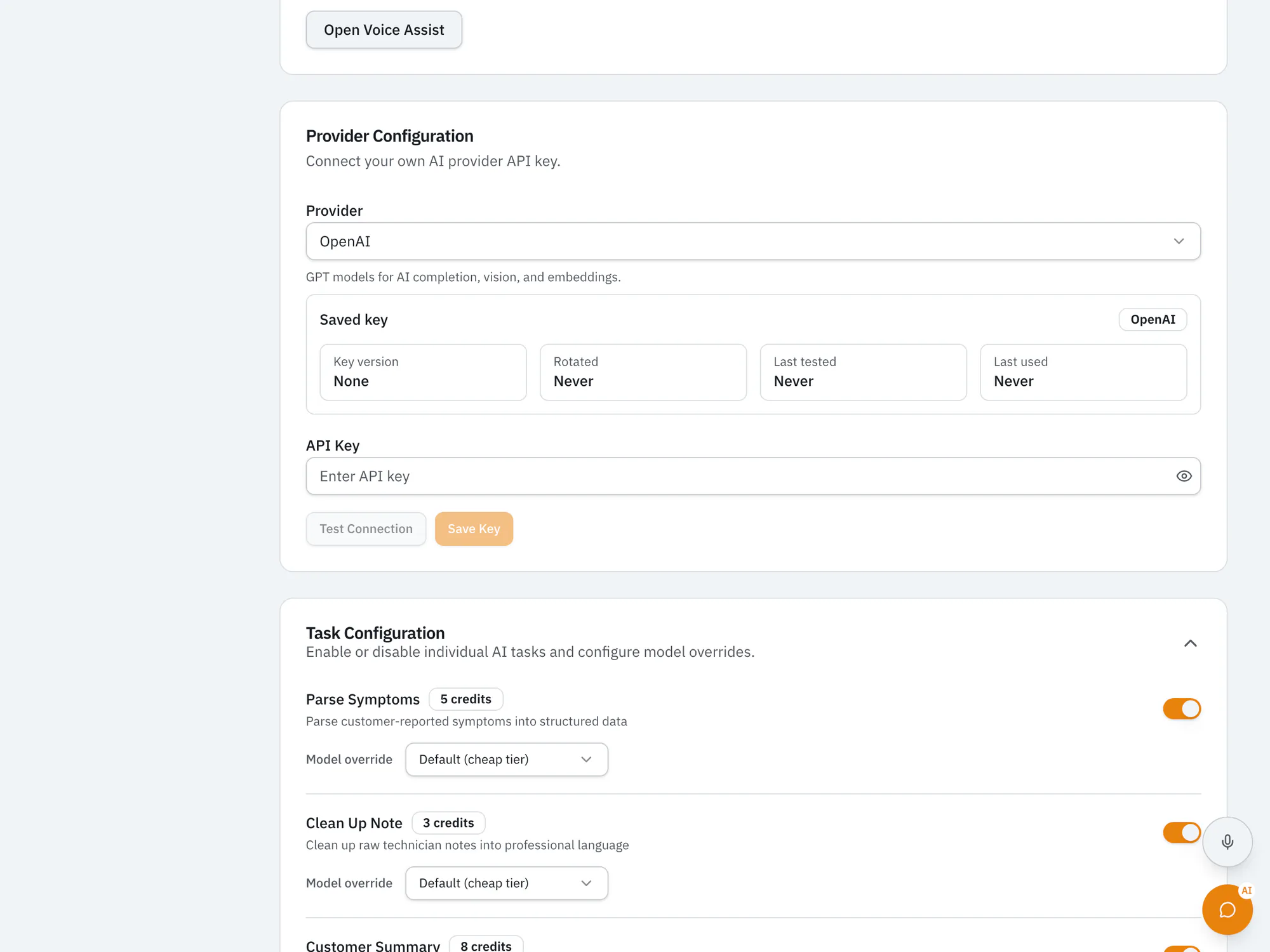 RepairOps AI settings in bring-your-own-key mode: choosing the AI provider and API key, and turning individual AI tasks such as symptom parsing and note cleanup on or off.