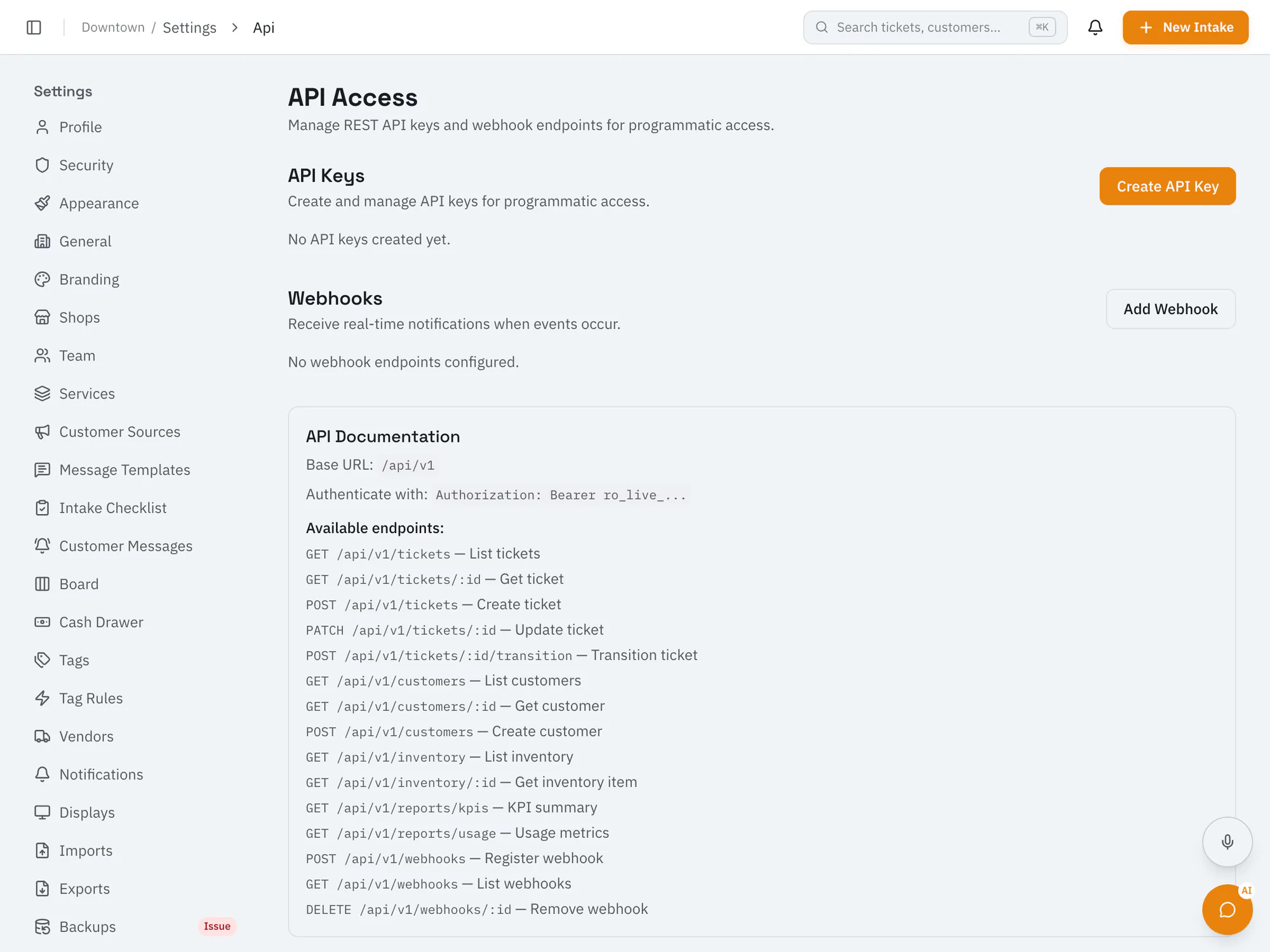 RepairOps API settings for creating API keys and webhook endpoints, with the list of available endpoints.