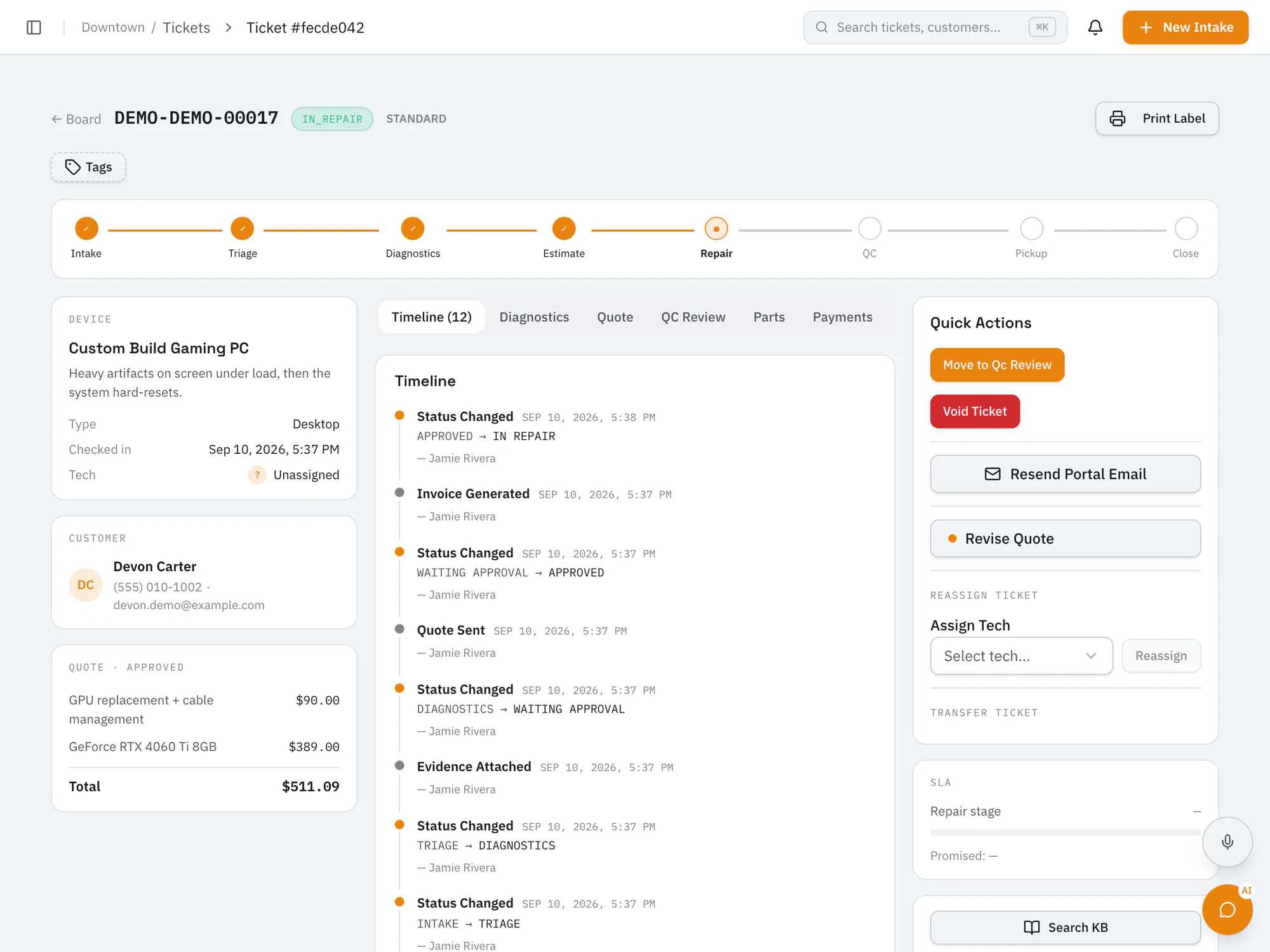 RepairOps ticket for a custom gaming PC in repair: stage bar from intake to close, device and customer details, the approved quote, quick actions, and a timeline of status changes.