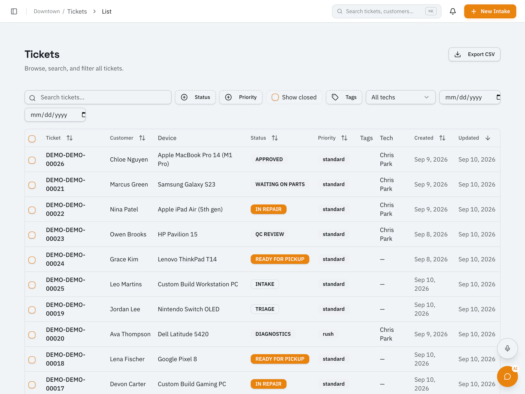 RepairOps ticket list with ticket numbers, customers, devices, statuses, priorities, and technicians.
