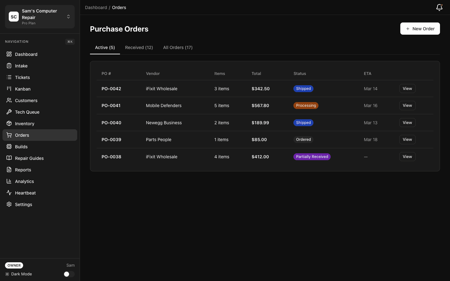 Orders screen