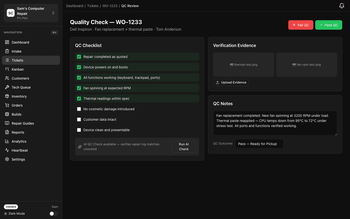 Quality Control screen
