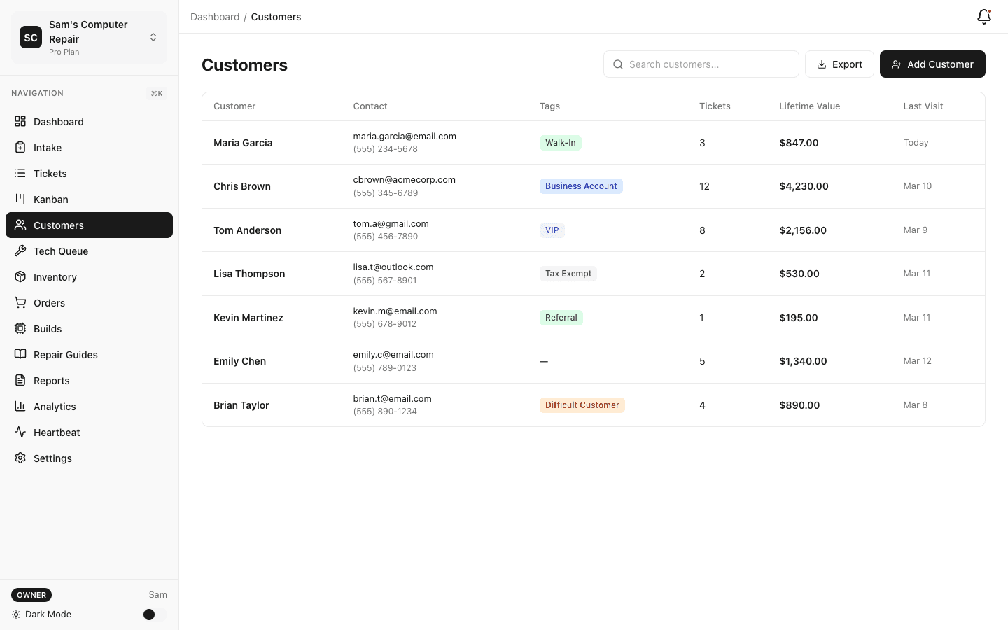 Customers screen