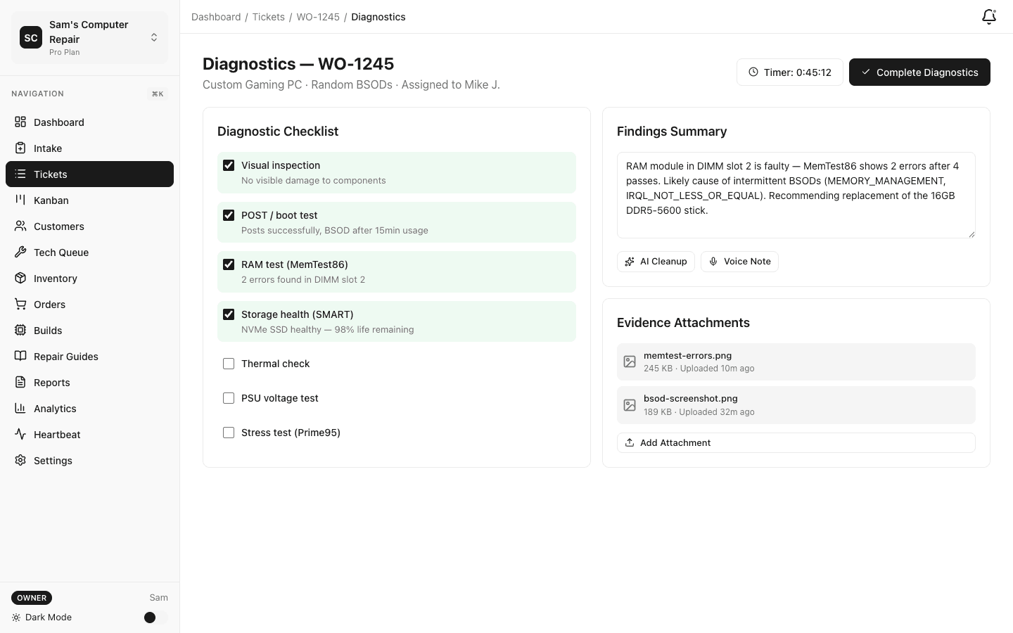 Diagnostic workspace with checklists and AI assistance