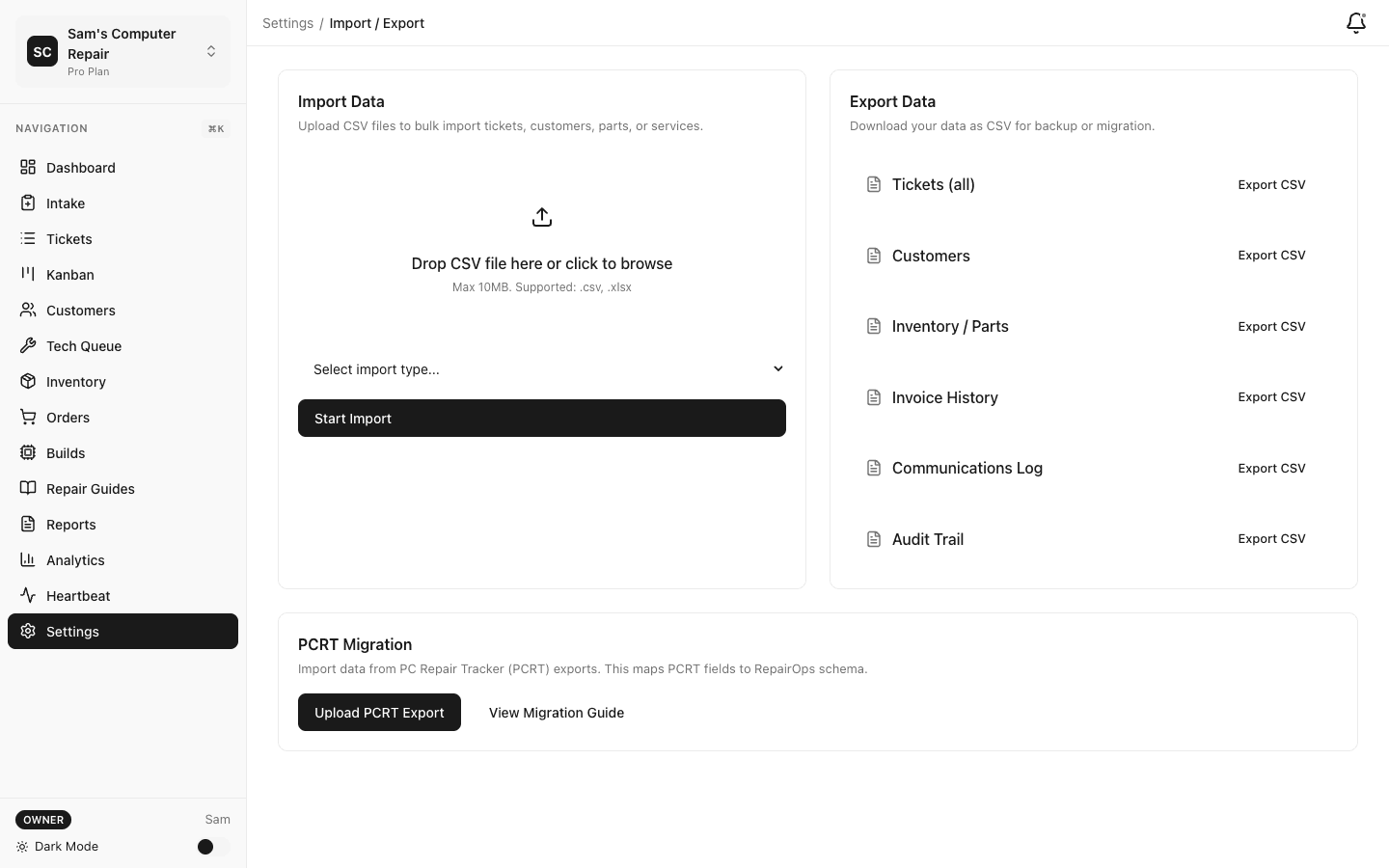 Data import, export, and backup management