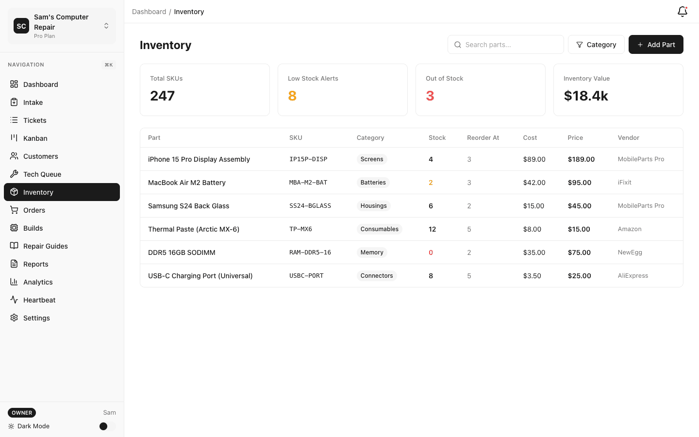 Inventory screen