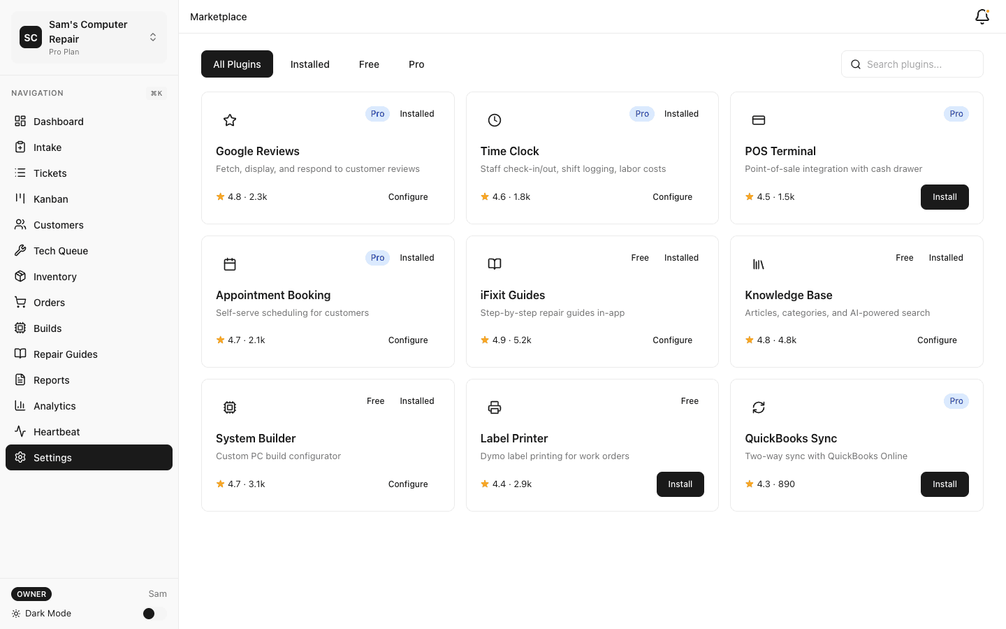 Plugin marketplace with ratings and install counts