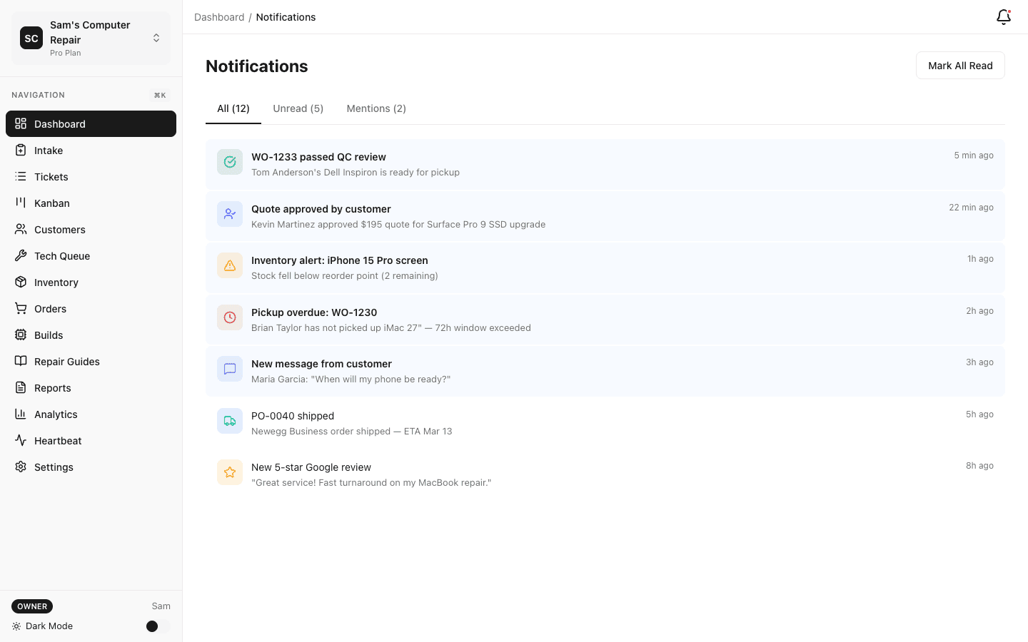 Notification center with SMS, email, and in-app alerts