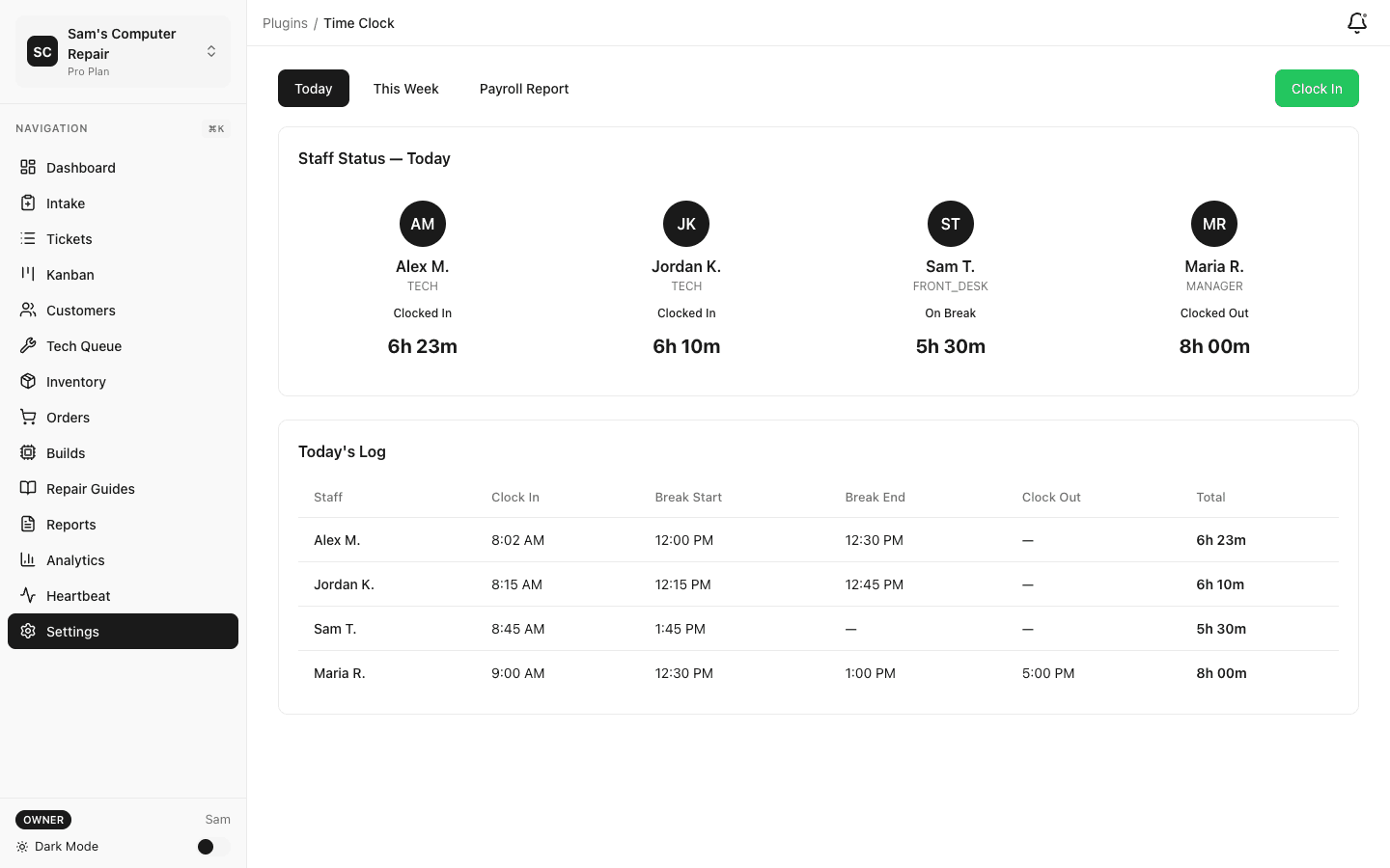 Employee time clock with shift tracking