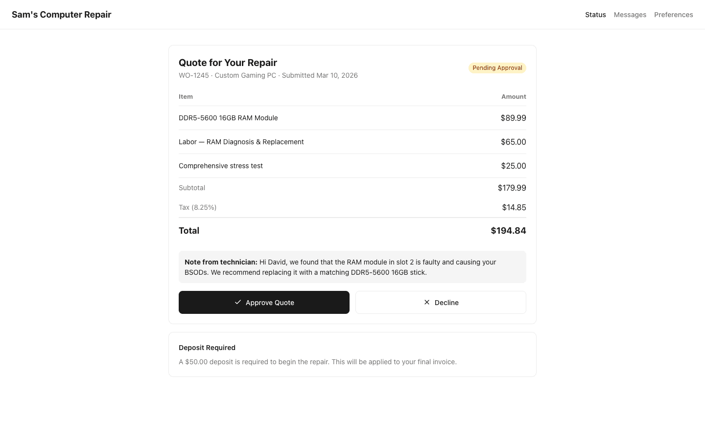 Quote approval flow in customer portal