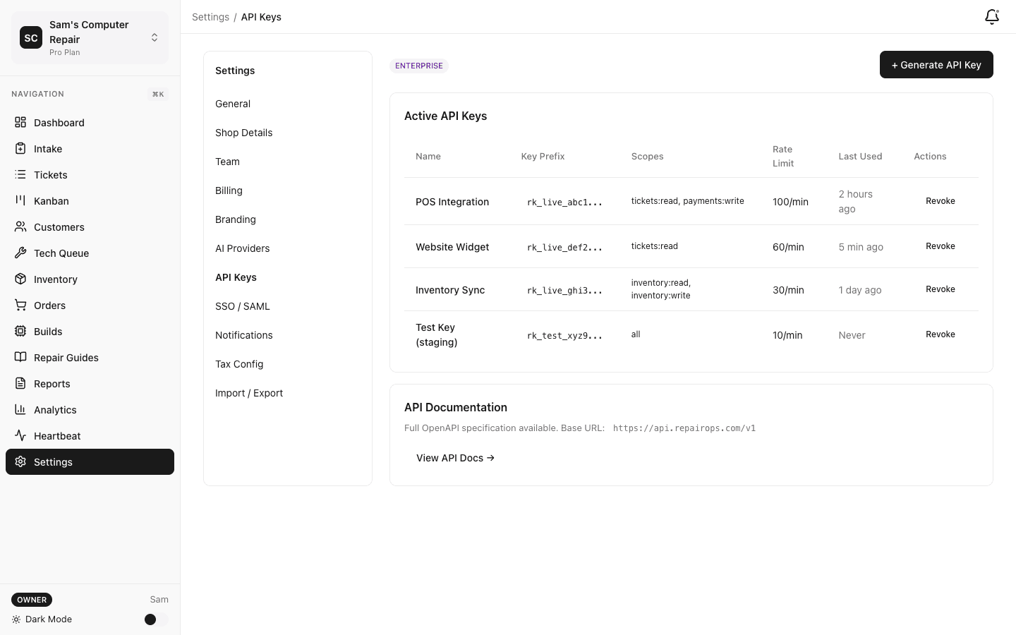 API key management and documentation access