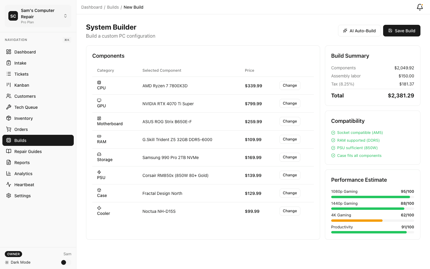 PC build configurator with compatibility checks