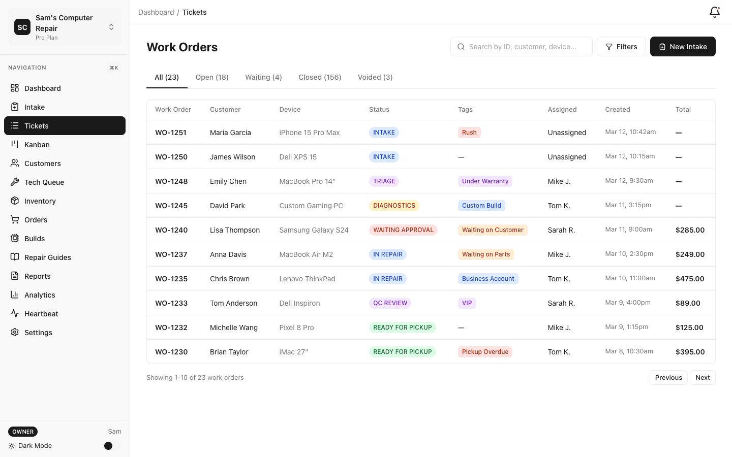 Ticket list view with filters and search